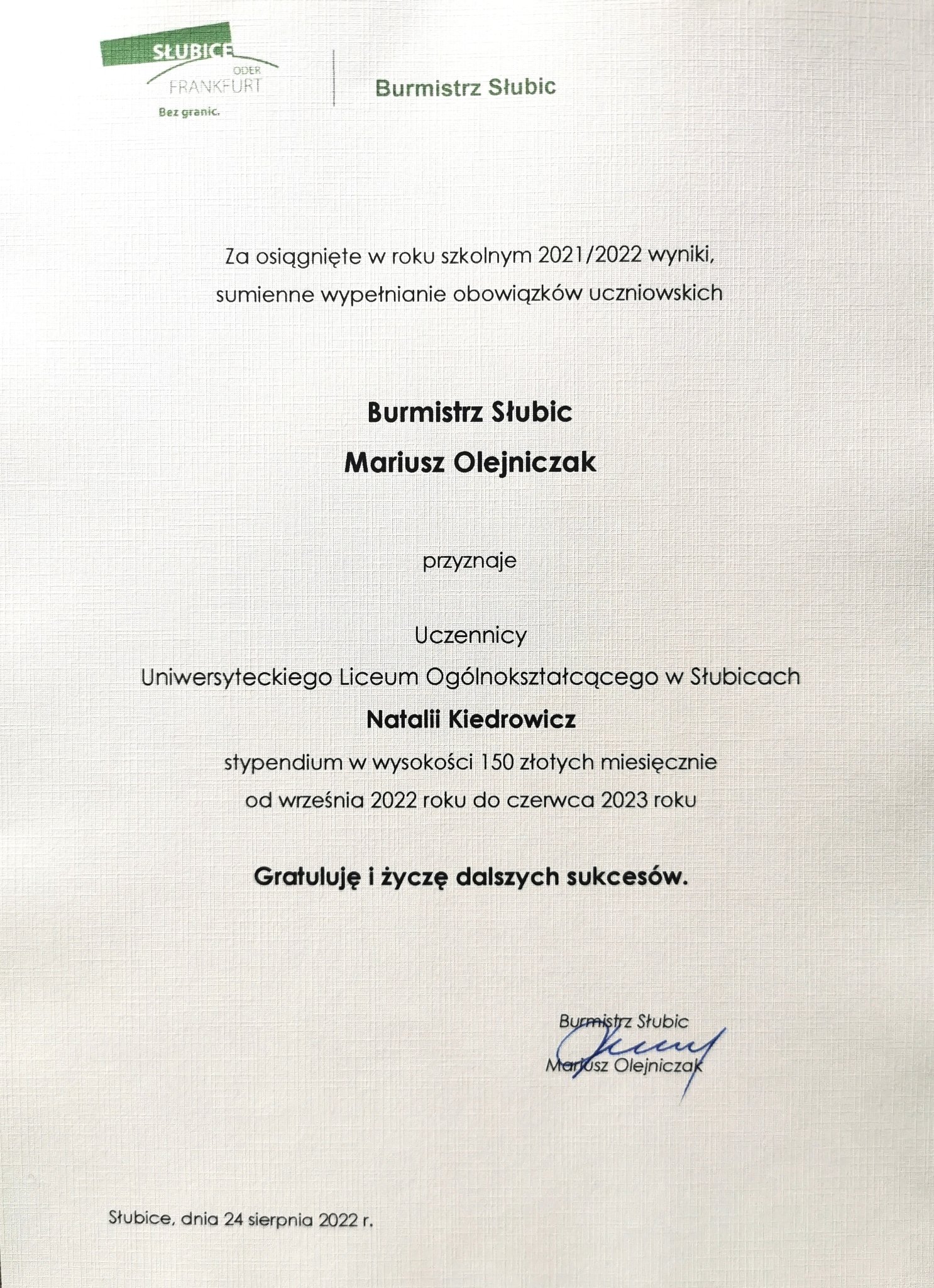 2022 08 31 kiedrowiczstypendium